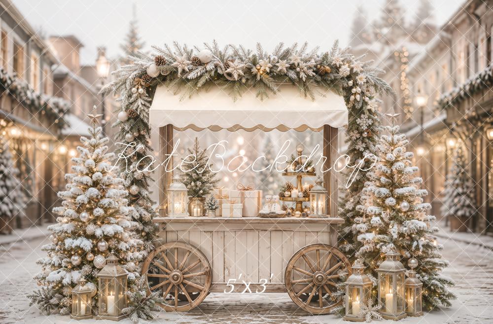 Kate Christmas Snowy Street Market Cart Trees Lanterns Printed Backdrop Designed by Emetselch