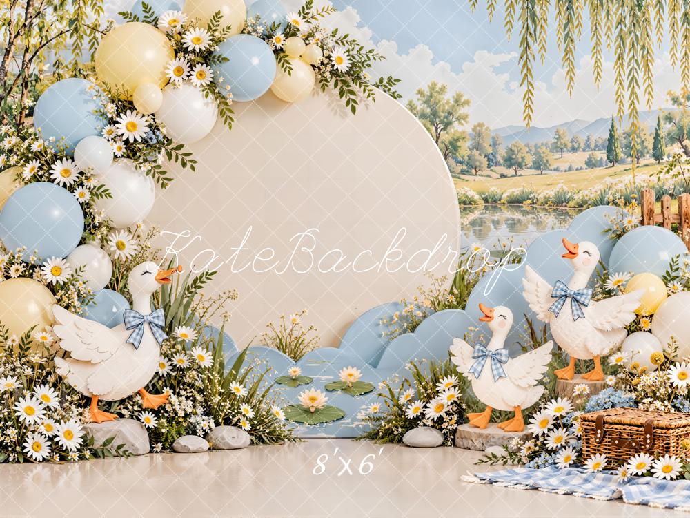 Kate Cake Smash Spring Goose Daisy Balloon Lakeside Picnic Printed Backdrop Designed by Emetselch