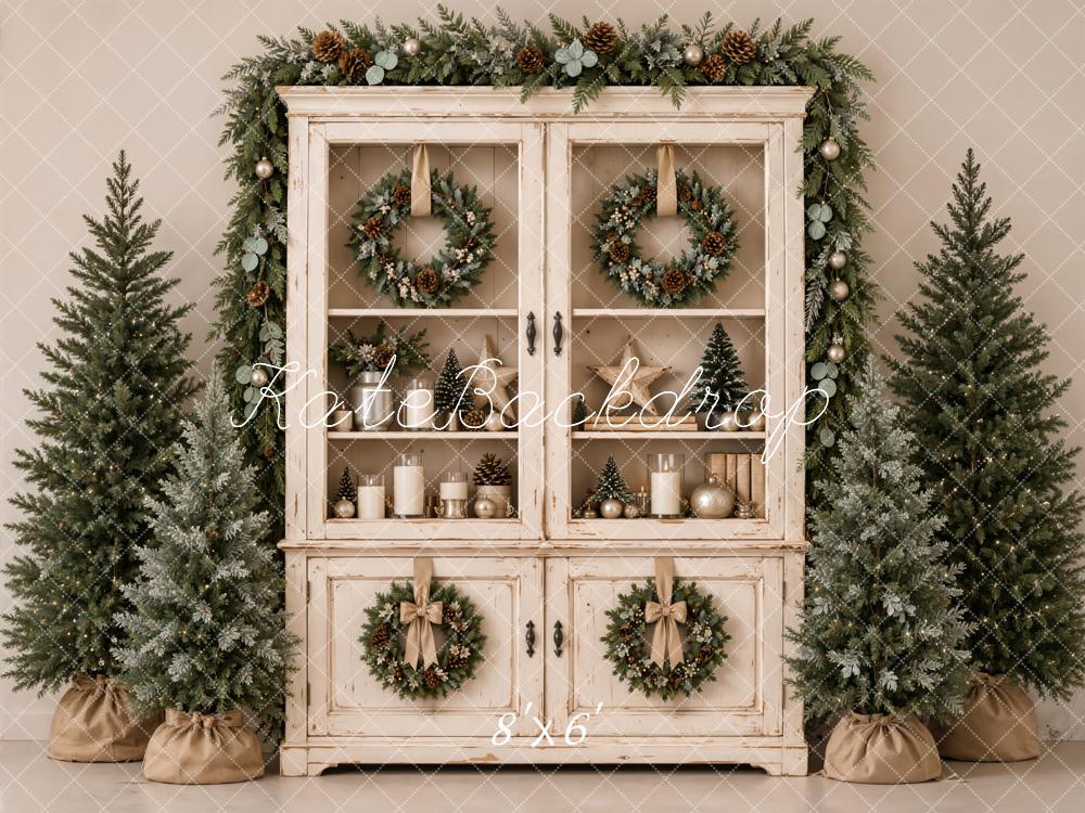 Kate Christmas Vintage Cabinet Wreaths Evergreen Trees Printed Backdrop Designed by Emetselch