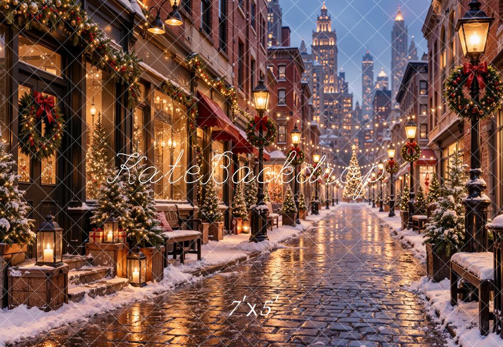Kate Christmas City Street Snowy Buildings Cobblestone Printed Backdrop Designed by Jordan Moon