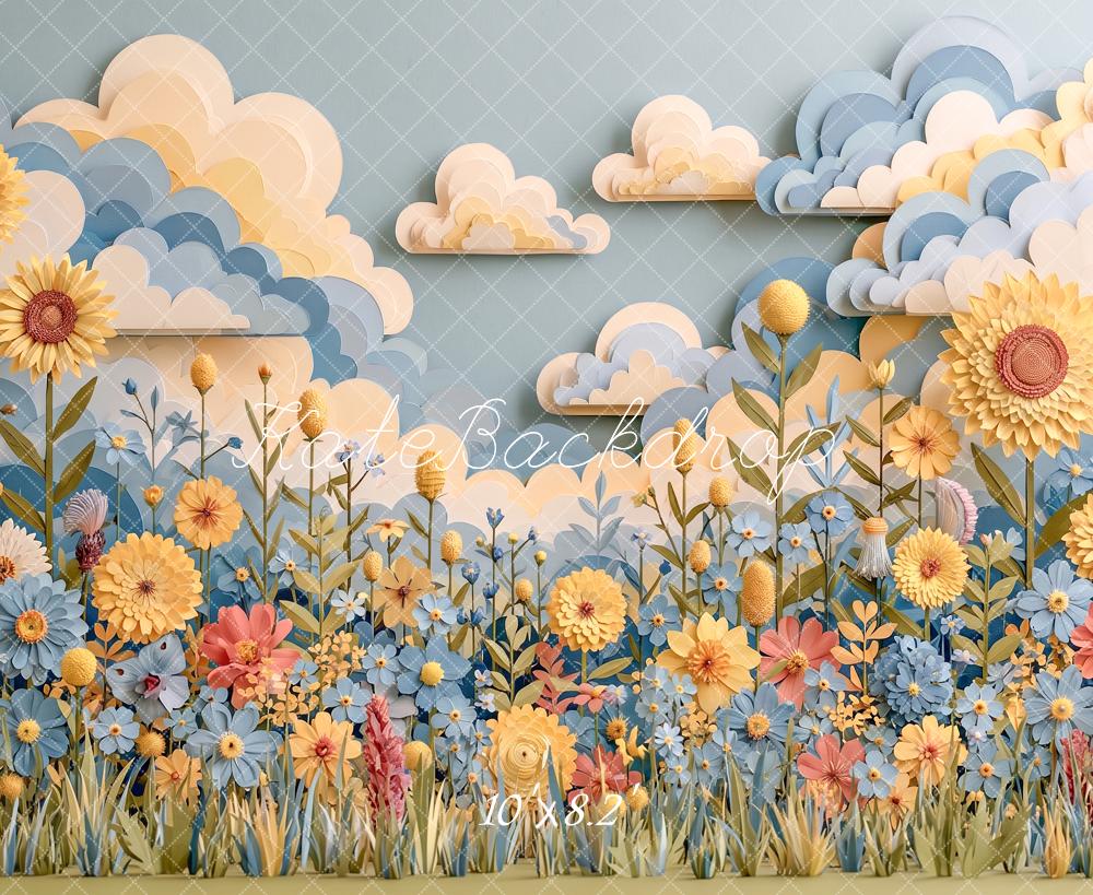 Kate Spring Kids Blue Yellow Paper Flower Meadow Clouds Printed Backdrop Designed by Angela Miller