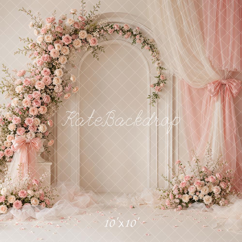 Kate Romantic Wedding Flower Arch Pink Sheer Drapery Printed Backdrop Designed by Emetselch