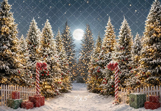 Kate Christmas Snowy Pine Trees Presents Moonlight Printed Backdrop Designed by Emetselch