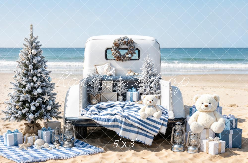 Kate Christmas Beach Truck Teddy Bears Gifts Printed Backdrop Designed by Emetselch