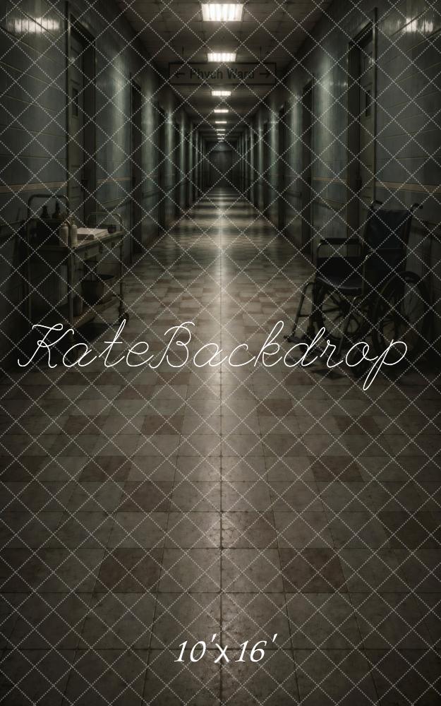 Kate Sweep Halloween Dark Psychiatric Hospital Hallway Wheelchair Printed Backdrop Designed by Vertigo Productions