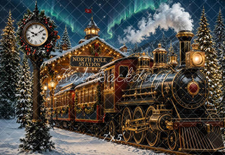 Kate Christmas Polar Train North Pole Station Snowy Trees Printed Backdrop Designed by Emetselch