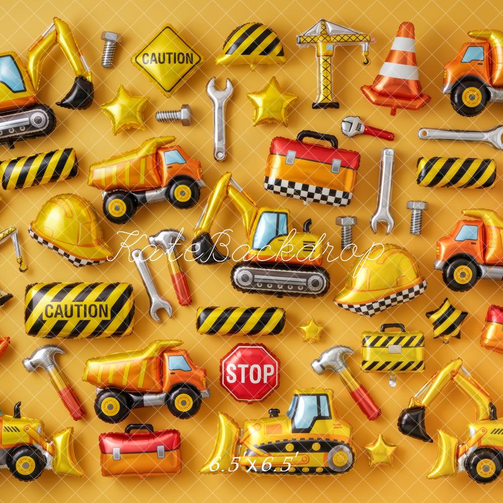 Kate Birthday Boys Construction Vehicle Balloon Wall Yellow Printed Backdrop Designed by Patty Roberts