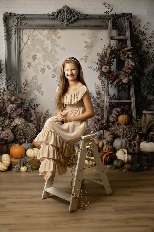 Kate Fall Pumpkin Lantern Wreath Ladder Vintage Frame The Forgotten Copiary Printed Backdrop Designed by Ashley Ward