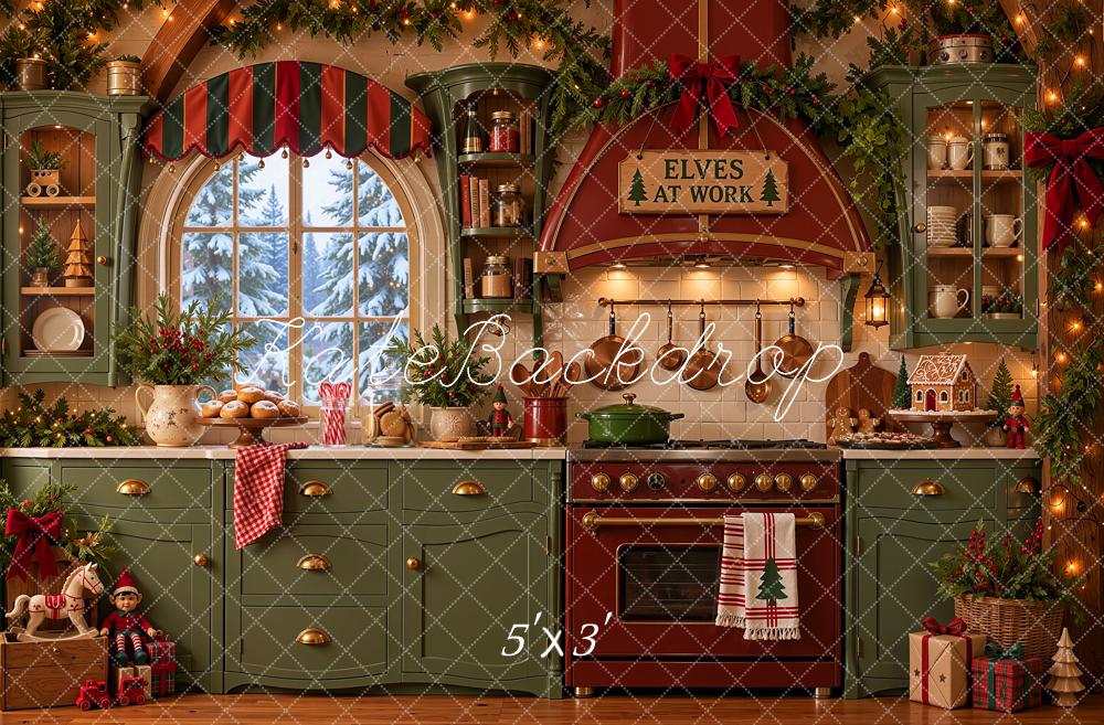 Kate Christmas Kitchen Crooked Elf Workshop Green Red Printed Backdrop Designed by Shutter Swan Studios