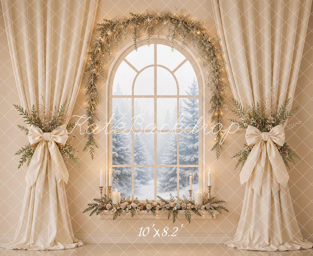 Kate Christmas Beige Drapes Flower Arch Window Printed Backdrop Designed by Emetselch