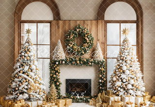 Fondo de Ventana de Nieve con Árboles de Navidad y Chimenea Designed by Emetselch