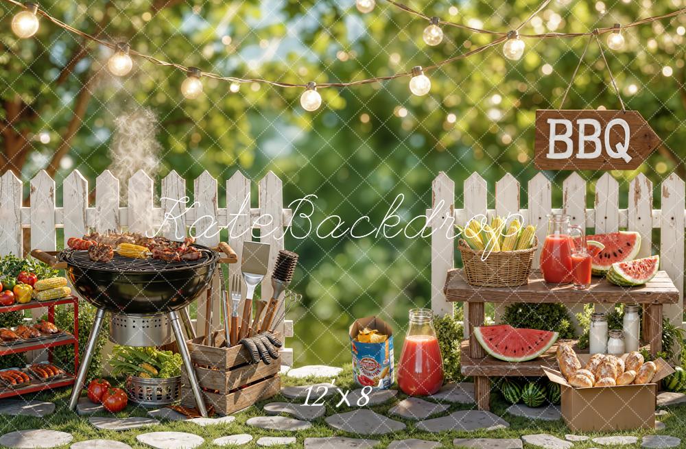 Kate Summer BBQ Grill Picnic White Picket Fence String Lights Printed Backdrop Designed by Chain Photography