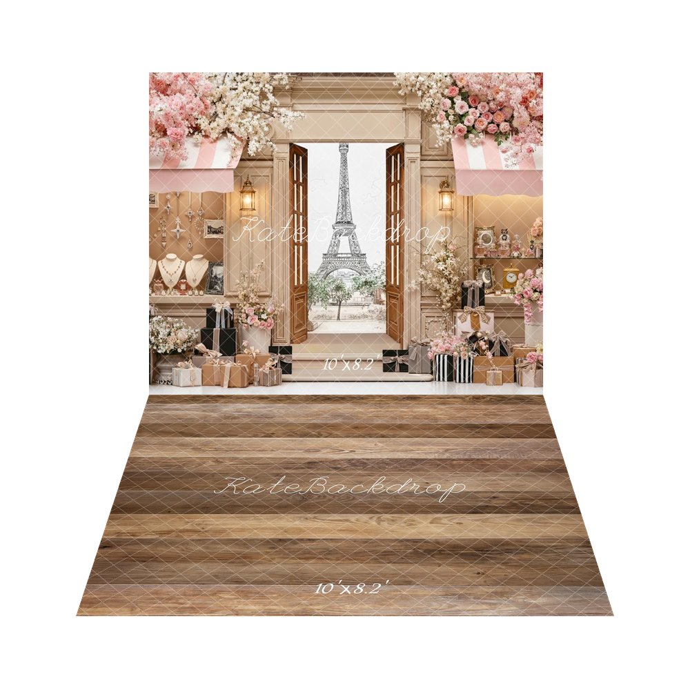 Kate Spring Pink Flower Paris Boutique Gift Boxes Eiffel Tower Backdrop+Brown Wood Plank Floor Backdrop