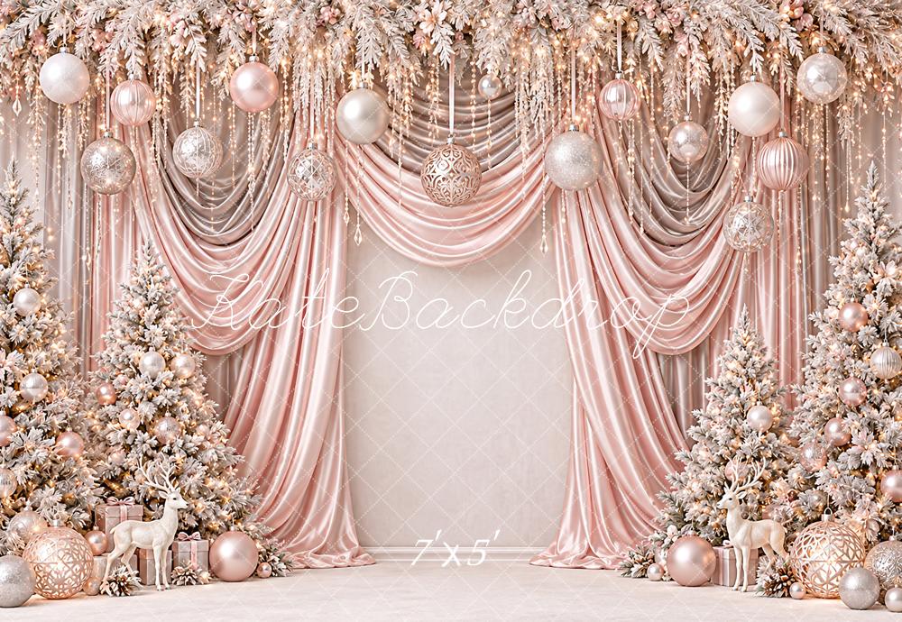 Kate Christmas Rose Gold Drapes Hanging Ornament Trees Luxury Printed Backdrop Designed by Angela Miller