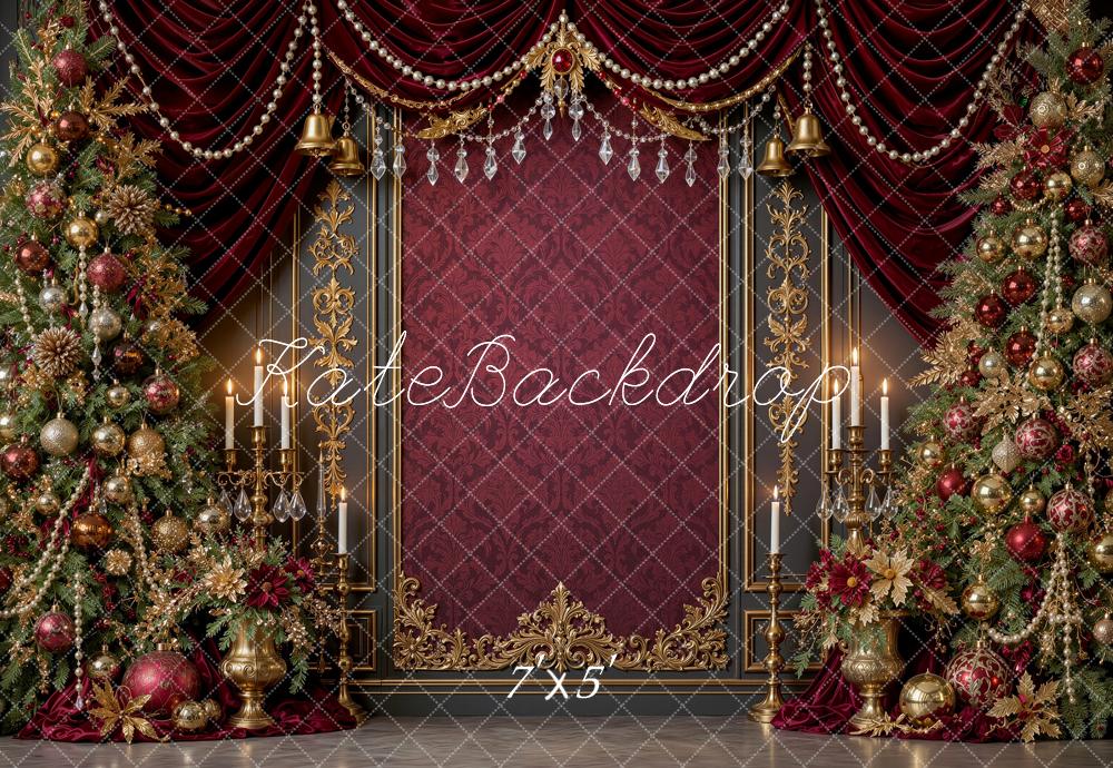 Kate Christmas Trees Ruby Burgundy Gold Drapes Vintage Wall Printed Backdrop Designed by Shutter Swan Studios