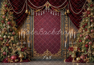 Kate Christmas Trees Ruby Burgundy Gold Drapes Vintage Wall Printed Backdrop Designed by Shutter Swan Studios