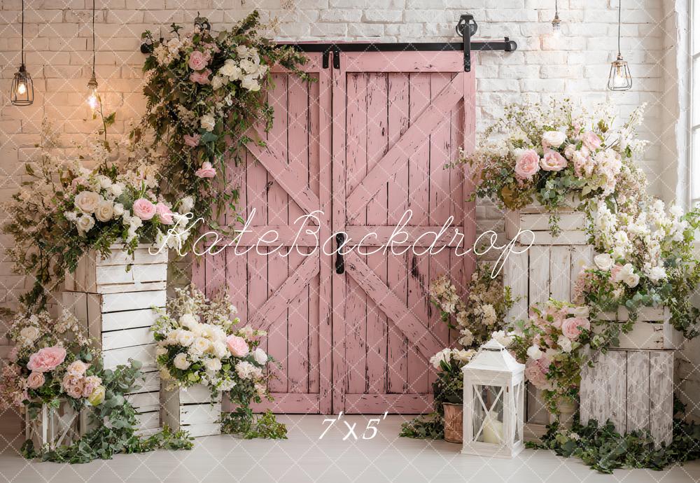 Kate Spring Pink Barn Door Flower Arch White Crates Lantern Backdrop Designed by Ashley Paul
