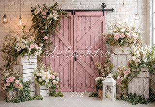 Kate Spring Pink Barn Door Flower Arch White Crates Lantern Printed Backdrop Designed by Ashley Paul