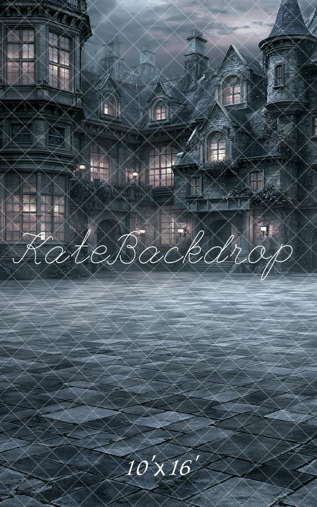 Kate Sweep Halloween Gothic Mansion Cobblestone Night Printed Backdrop Designed by Angela Miller