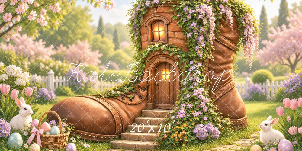Kate Easter Boot House Bunny Flower Garden Printed Backdrop Designed by Emetselch