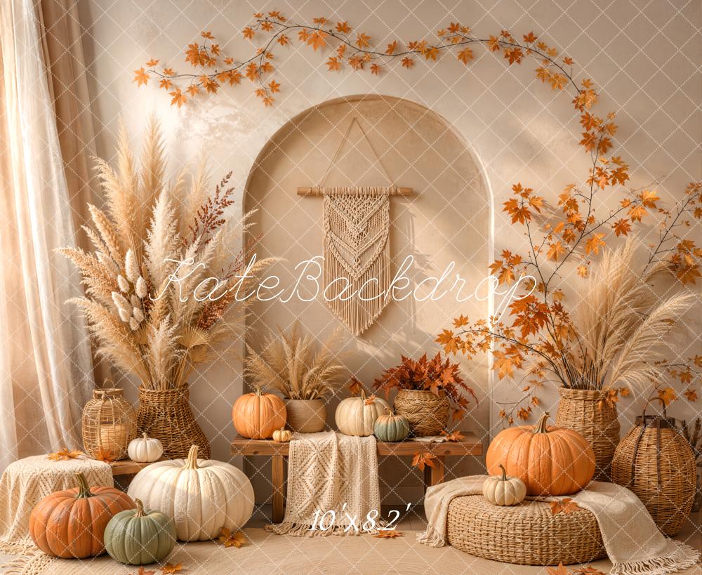 Kate Fall Boho Pumpkin Pampas Grass Arch Cozy Wicker Printed Backdrop Designed by Emetselch