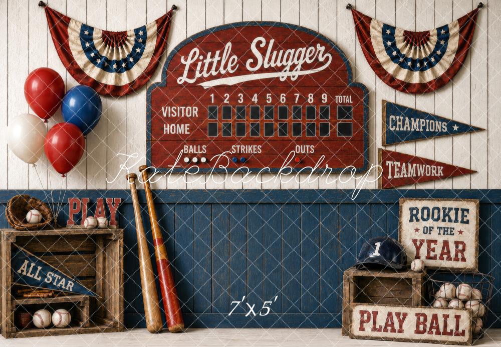 Kate Baseball Vintage Scoreboard Bats Crates Balloons Bunting Printed Backdrop Designed by Shutter Swan Studios