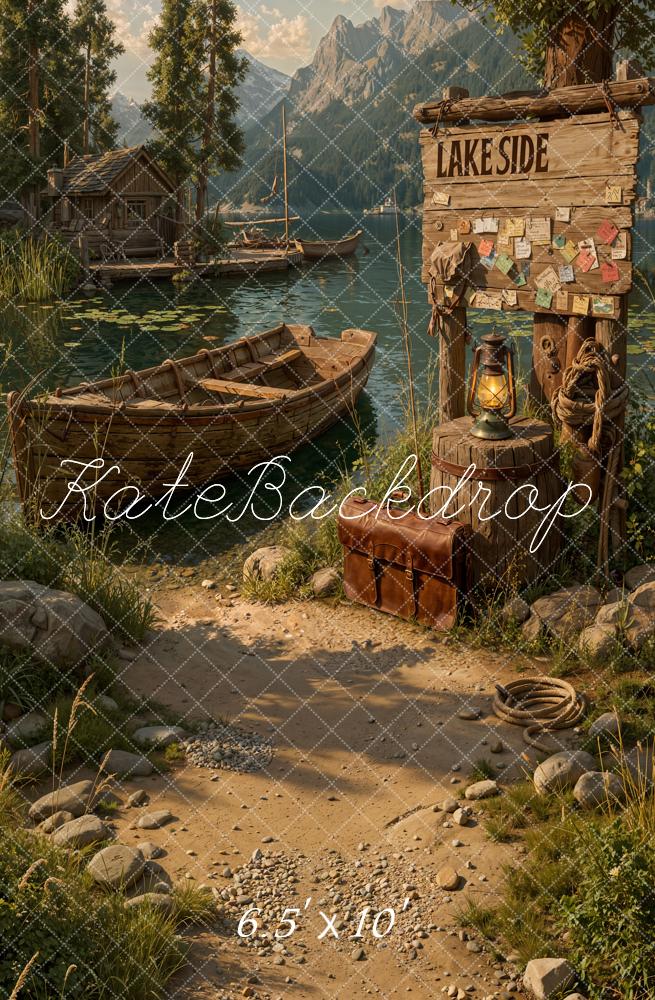 Kate Lakeside Wooden Boat Cabin Mountain Path Printed Backdrop Designed by Emetselch