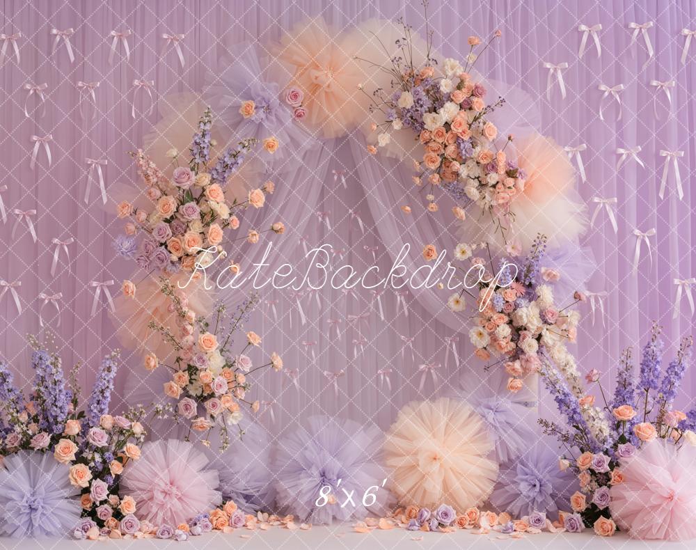 Kate Mother's Day Flower Arch Pastel Tulle Bows Purple Roses Backdrop Designed by Emetselch