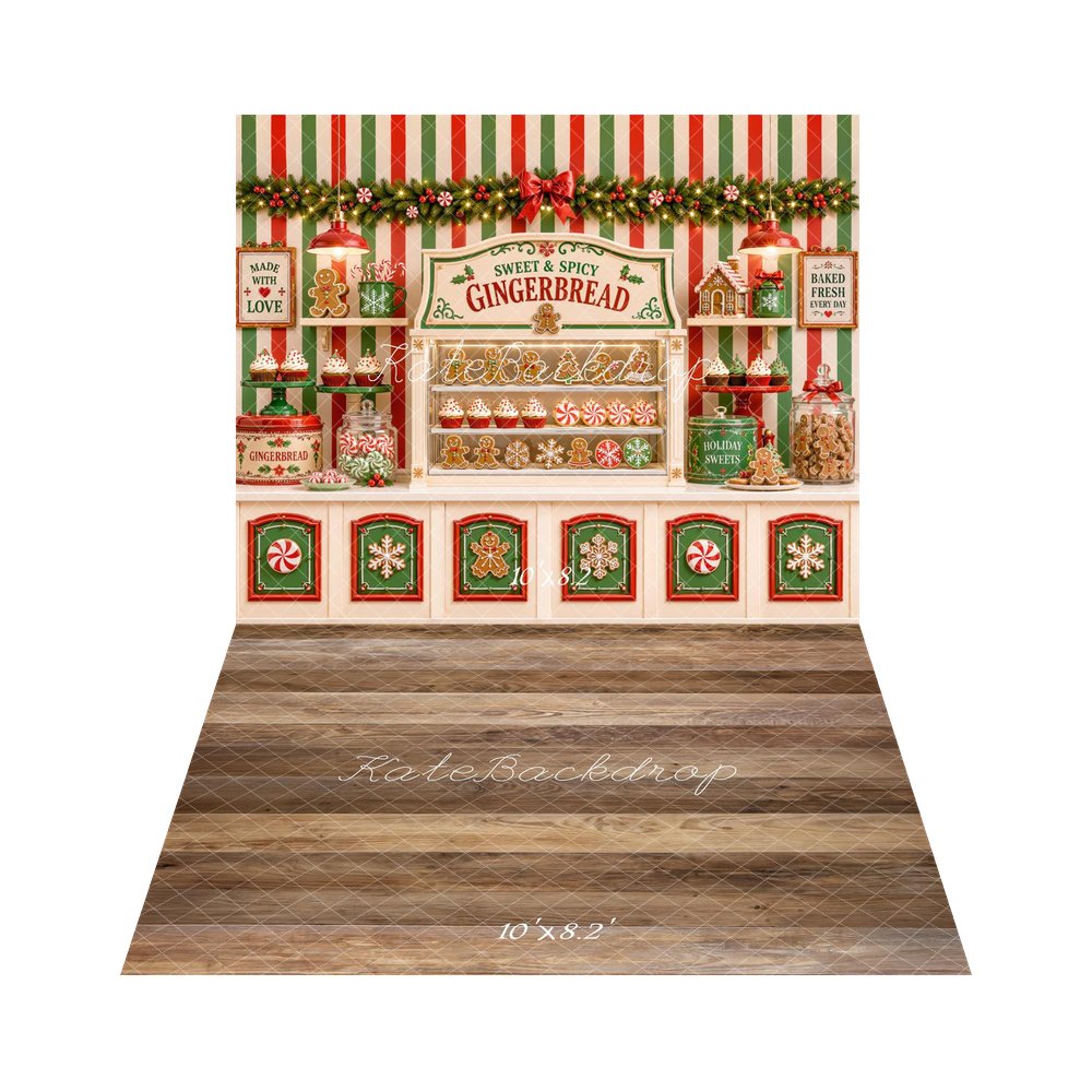 Kate Christmas Gingerbread Bakery Candy Shop Striped Wall Printed Backdrop+Brown Wood Plank Floor Printed Backdrop