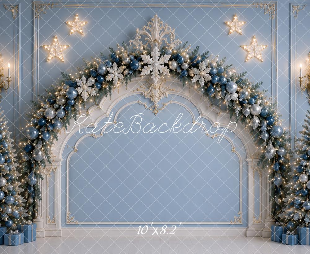 Kate Christmas Headboard Blue Arch Garland Trees Snowflakes Printed Backdrop Designed by Caitlin Lynch