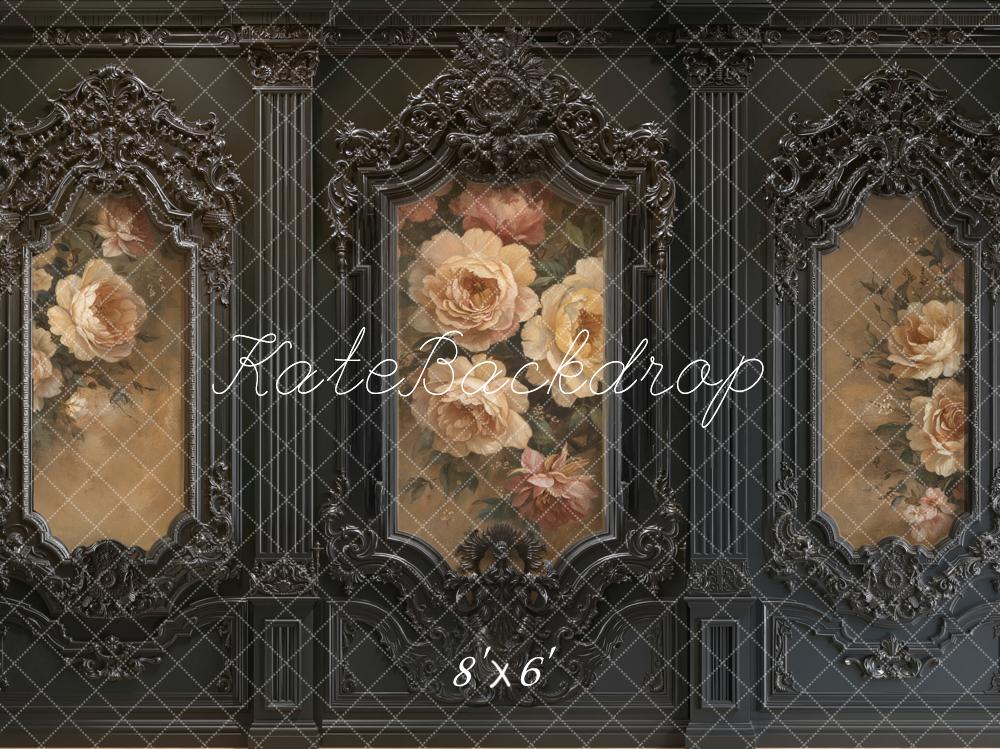 Kate Black Ornate Vintage Wall Floral Roses Printed Backdrop Designed by Emetselch