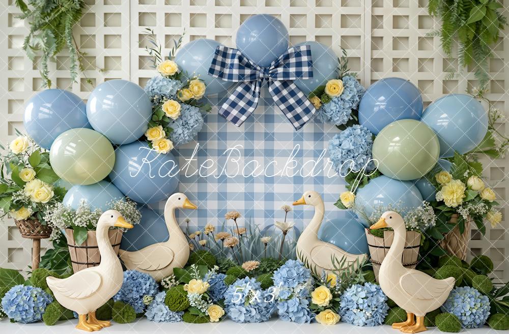 Kate Cake Smash Blue Balloons Silly Goose Florals Gingham Bow Backdrop Designed by Emetselch