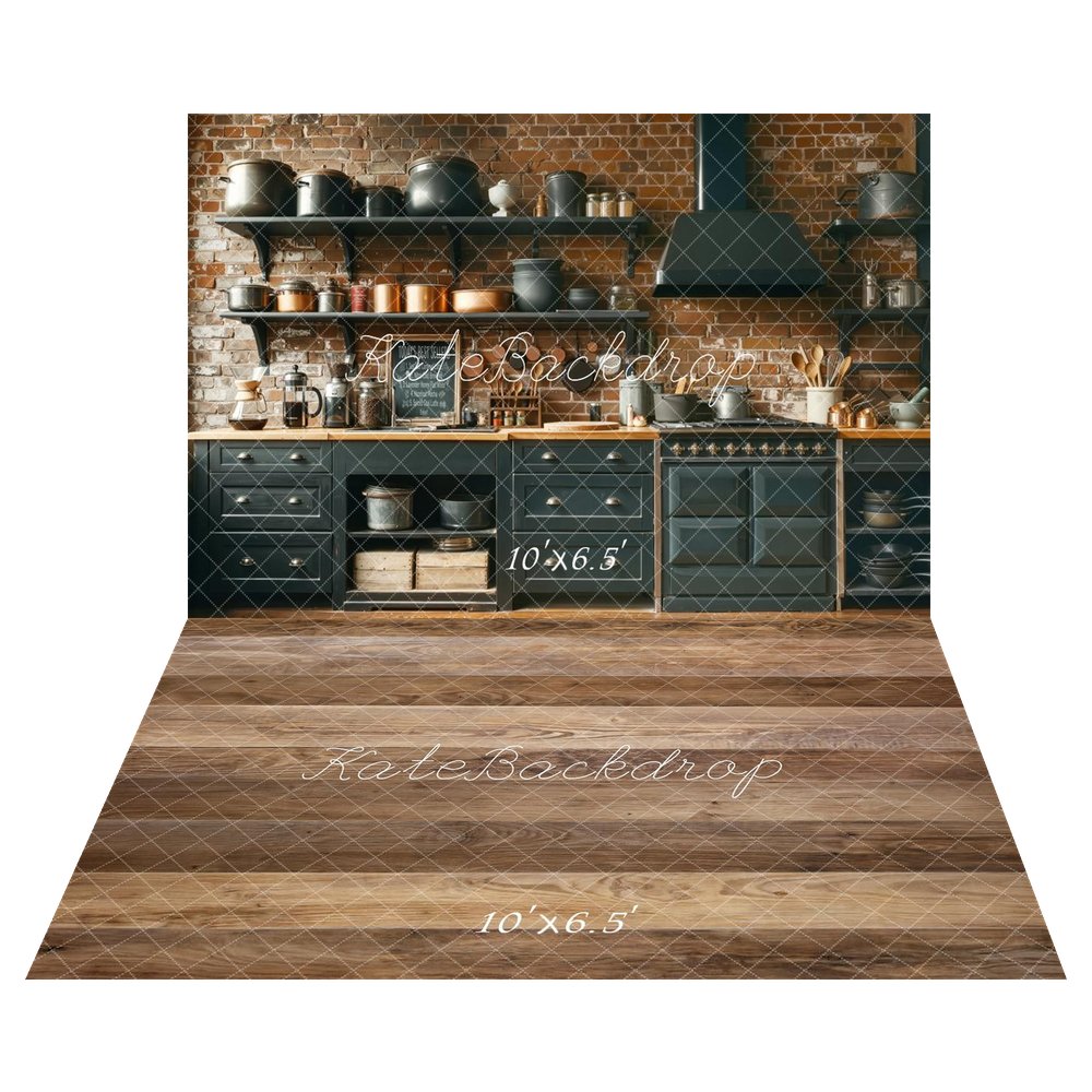 Kate Rustic Kitchen Brick Wall Shelves Stove Cookware Backdrop+Brown Wood Plank Floor Backdrop