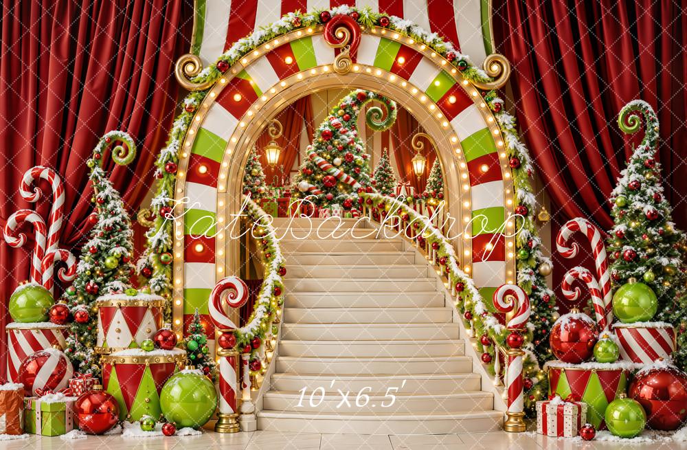 Kate Christmas Candy Cane Staircase Illuminated Arch Printed Backdrop Designed by Emetselch