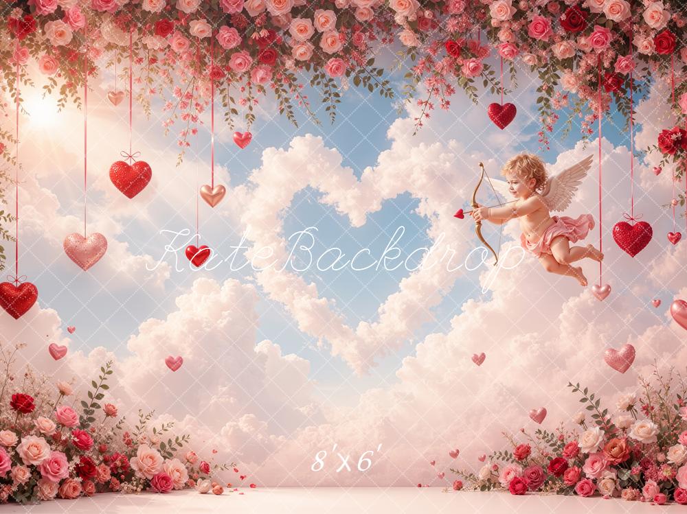Kate Valentine's Day Cupid Roses Hearts Clouds Printed Backdrop Designed by Shutter Swan Studios