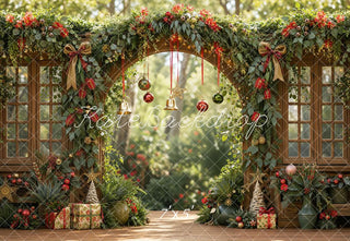 Kate Christmas Circular Arch Garland Garden Windows Presents Printed Backdrop Designed by Emetselch