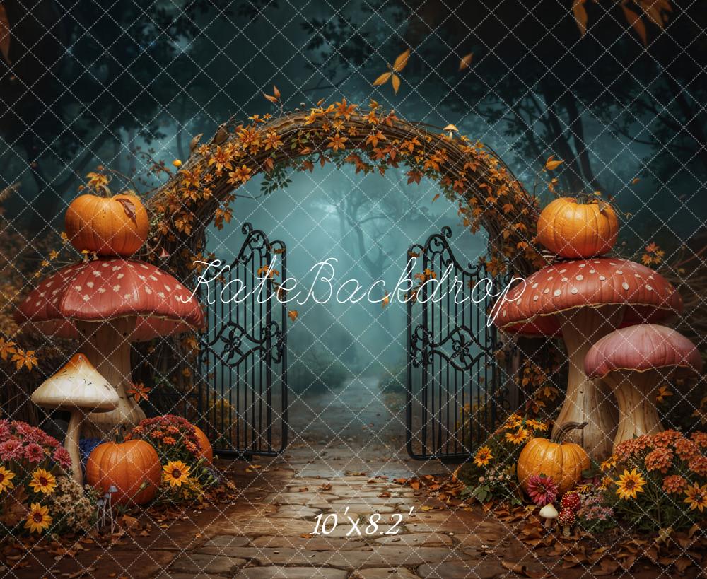 Halloween Mushroom Arch Pumpkins Gate Flowers Printed Backdrop Designed by Emetselch