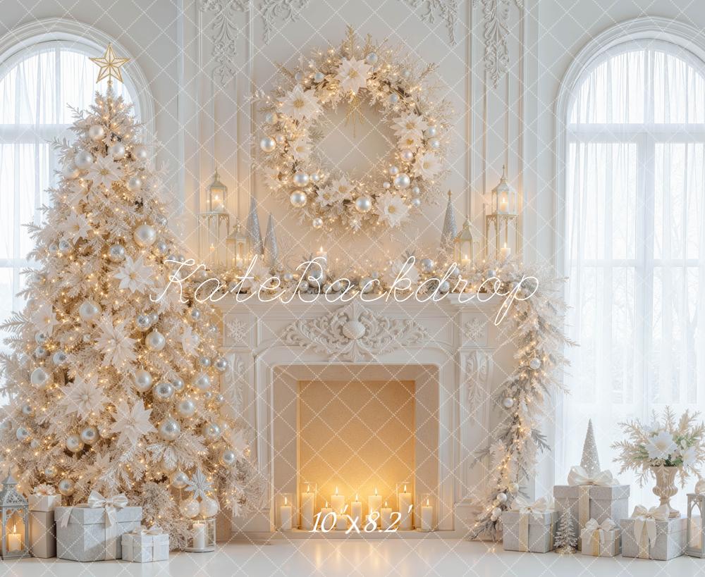 Kate Christmas Tree White Elegant Wreath Fireplace Printed Backdrop Designed by Mini MakeBelieve