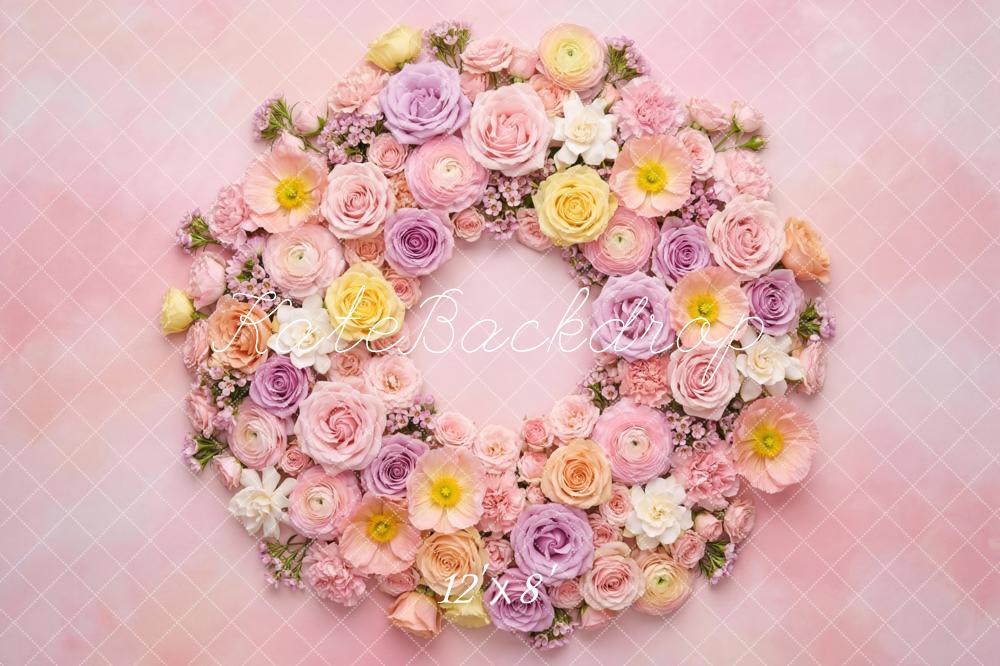 Kate Pink Flower Arch Pastel Floral Wreath Newborn Printed Backdrop Designed by Mini MakeBelieve