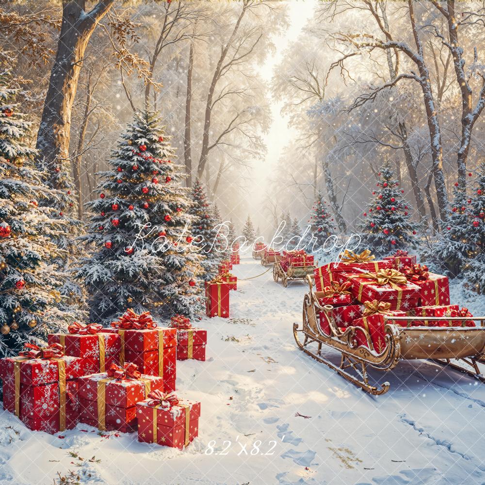 Kate Christmas Snowy Forest Red Sleigh Presents Backdrop Designed by Emetselch