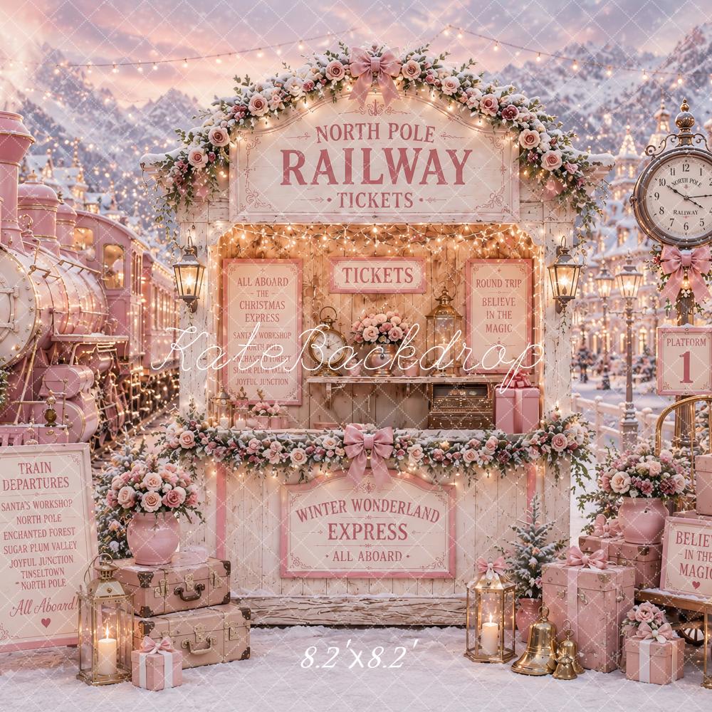Kate Christmas Polar Train Tickets Pink Railway Snowy Printed Backdrop Designed by Ashley Paul