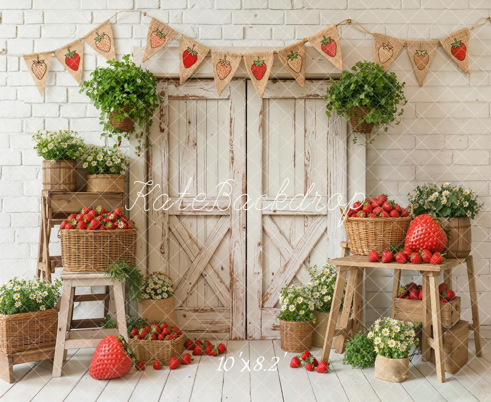 Kate Summer Rustic Strawberry Baskets Wooden Door Flowers Backdrop Designed by Emetselch