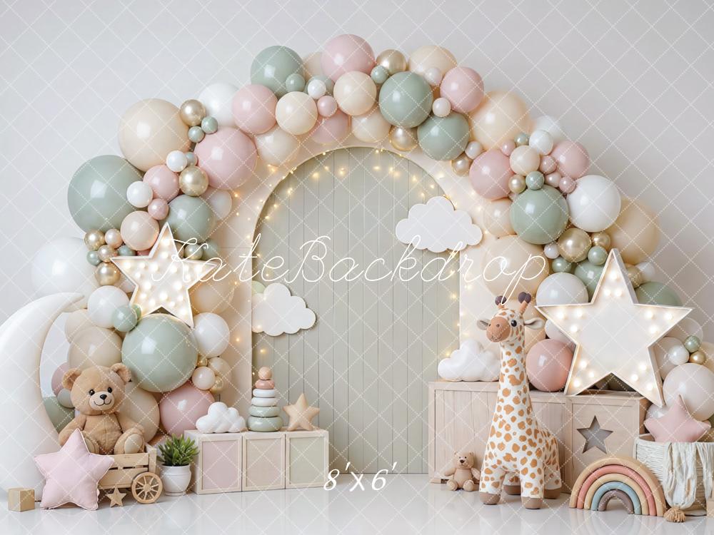 Kate Cake Smash Pastel Balloon Arch Stars Clouds Teddy Bear Giraffe Printed Backdrop Designed by Mini MakeBelieve