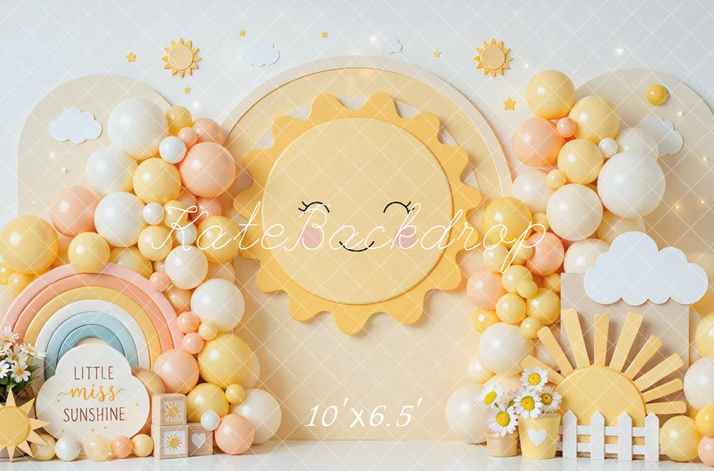 Kate Cake Smash Sunshine Rainbow Balloons Clouds Yellow Printed Backdrop Designed by Mini MakeBelieve