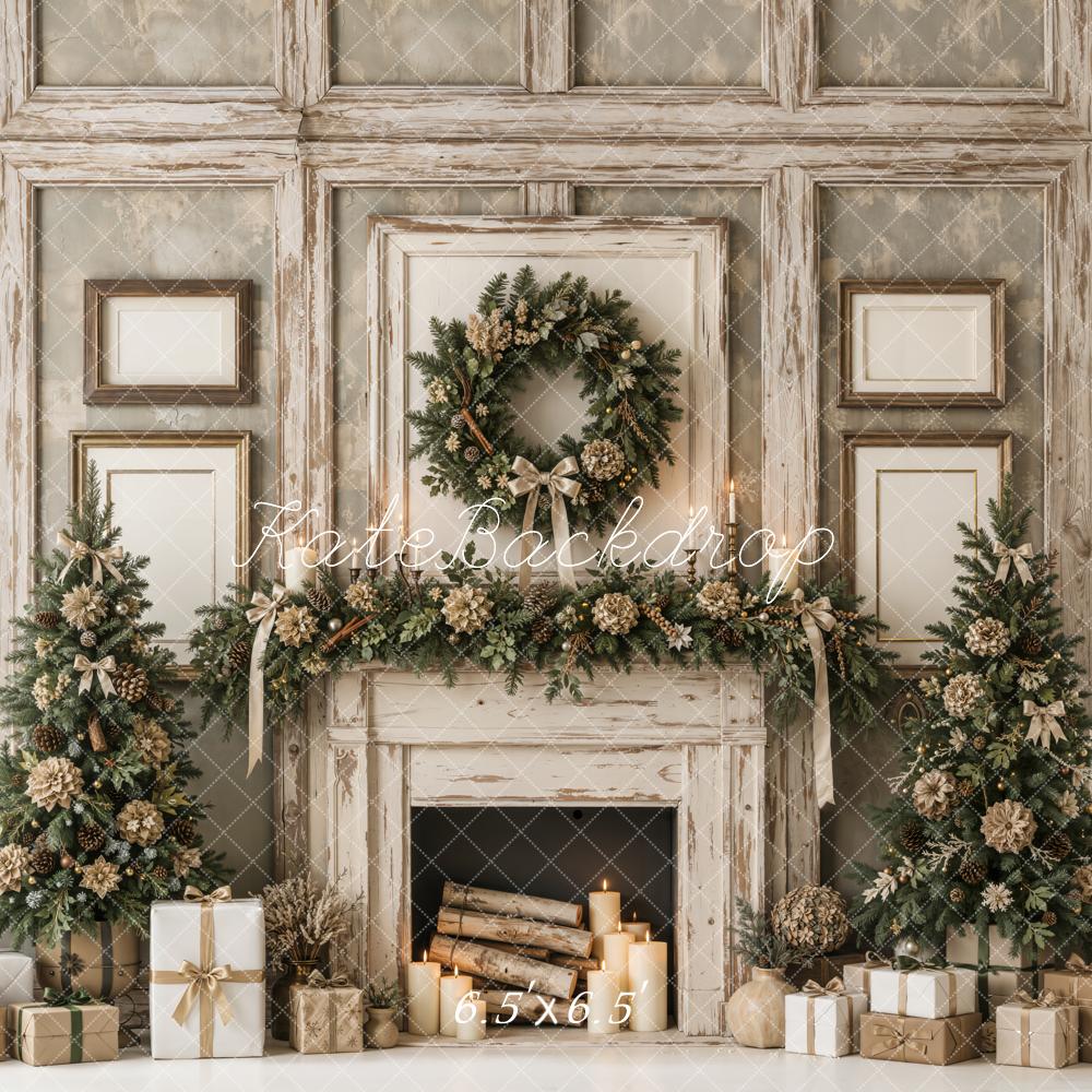 Kate Christmas Fireplace Rustic Wreath Garland Trees Neutral Printed Backdrop Designed by Emetselch
