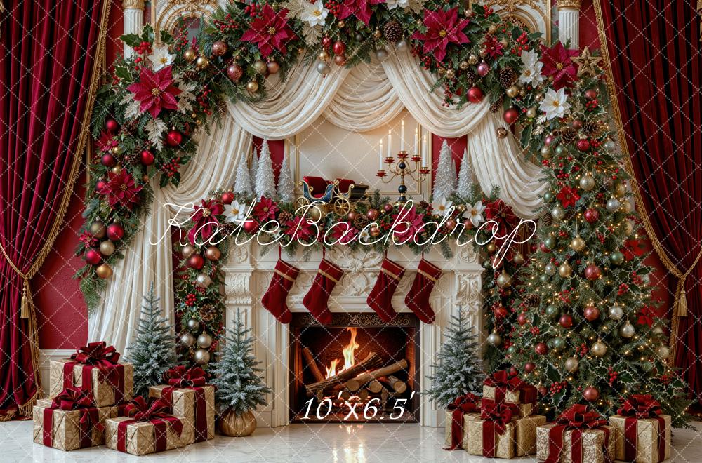 Kate Christmas Luxury Red Fireplace Garland Drapes Christmas Tree Printed Backdrop Designed by Mini MakeBelieve