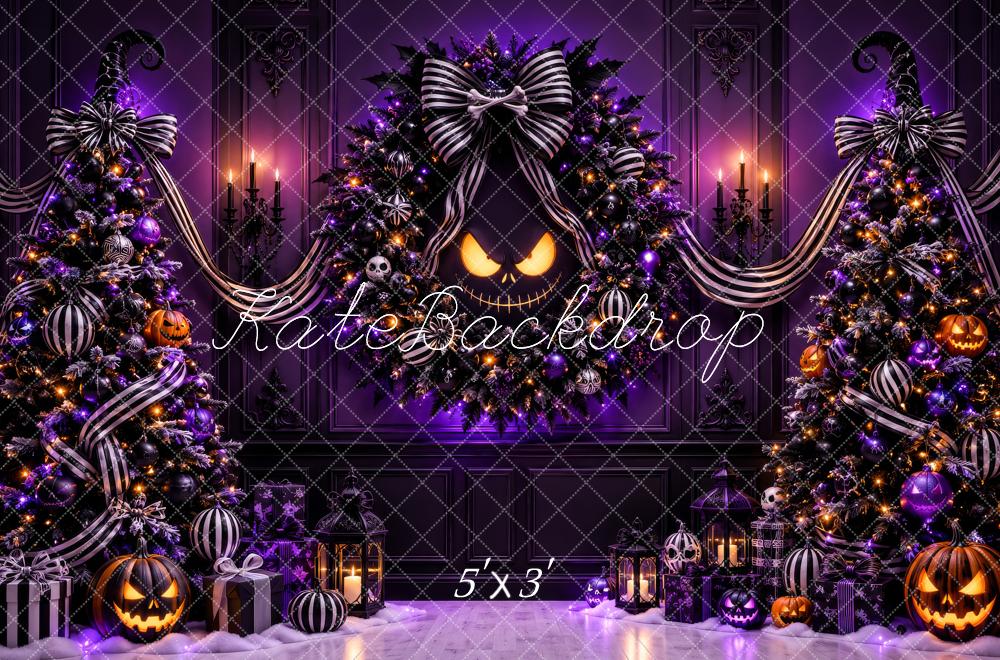 Kate Halloween Purple Christmas Trees Jack O Lantern Wreath Printed Backdrop Designed by Megan Leigh Photography
