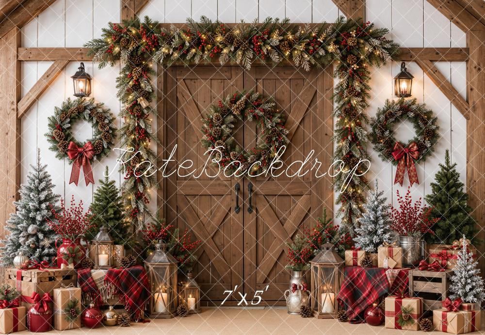 Kate Christmas Rustic Barn Door Garland Wreaths Gifts Printed Backdrop Designed by Emetselch
