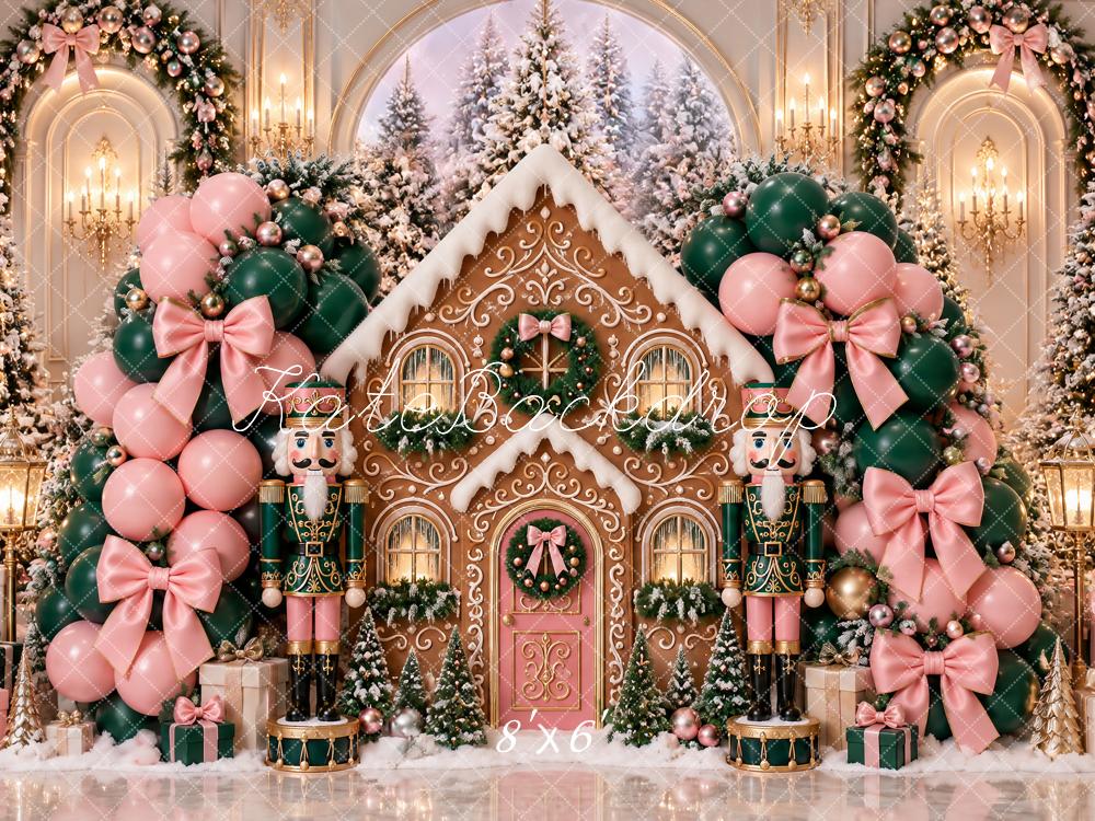 Kate Christmas Cake Smash Gingerbread House Nutcracker Balloon Pink Bow Printed Backdrop Designed by Ashley Paul