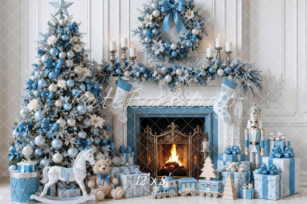 Kate Christmas Tree Blue Fireplace Wreath Gifts Winter Wonderland Printed Backdrop Designed by Mini MakeBelieve
